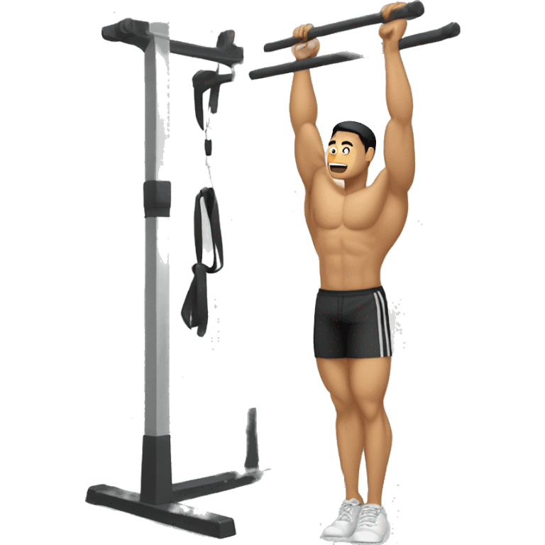 buff gym asian man full body including legs hanging from one hand from a pull up bar emoji