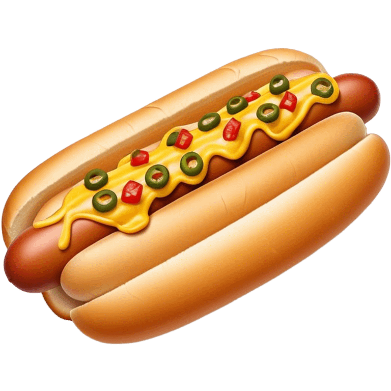 Cinematic Realistic Hot Dog Dish Emoji, featuring a classic hot dog in a bun topped with mustard and relish rendered with crisp textures and vibrant, dynamic lighting. emoji