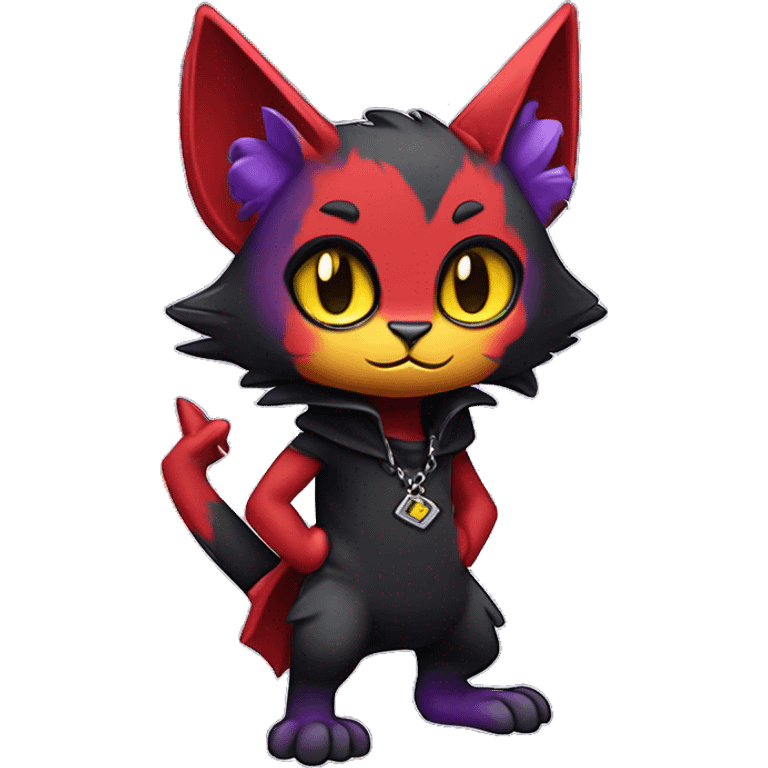 Anthropomorphic Cute Chibi Black red purple yellow Cool Edgy Punk-Gothic Horned Litten-Bat-cat-Fakemon full body emoji