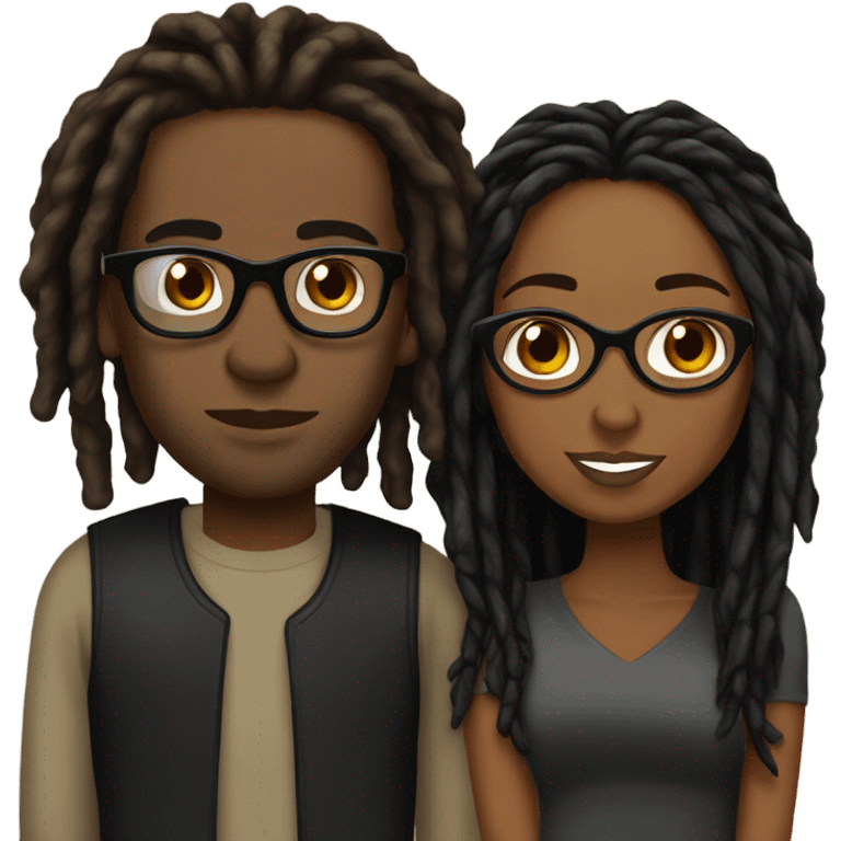 black couple with locs, brown skin with long black locs, light skin with glasses and BLACK locs tied up kissing emoji