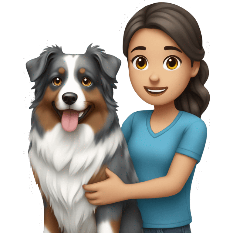 Girl with long brown hair holding blue merle Australian shepherd emoji