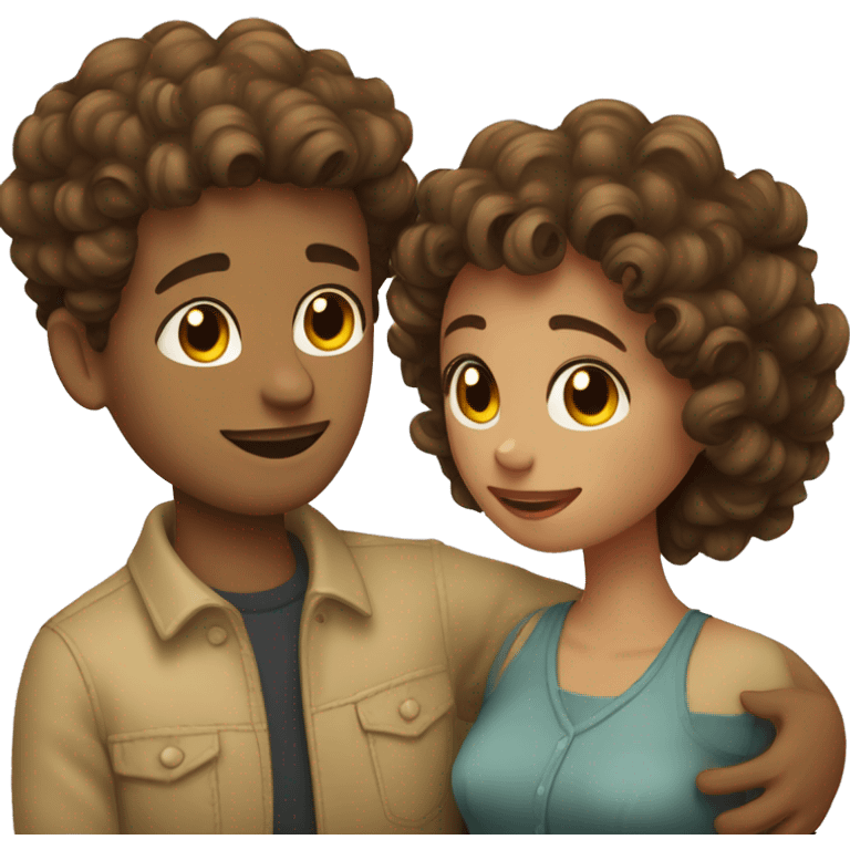 Curly girl with brown hair cuddling with her husband with straight vintage style hair cut and brown hair  emoji