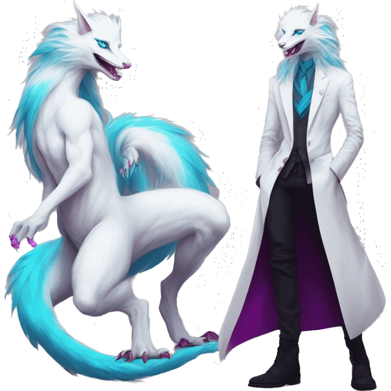 White badass elegant wild beautiful natural cute badass epic anthro modern albino sergal-vernid-creature with cyan mane and magenta eyes with cyan edgy stripes, full body, blue pretty hair, outside, modern, aesthetic, art by LiLaiRa, art by art by Falvie emoji