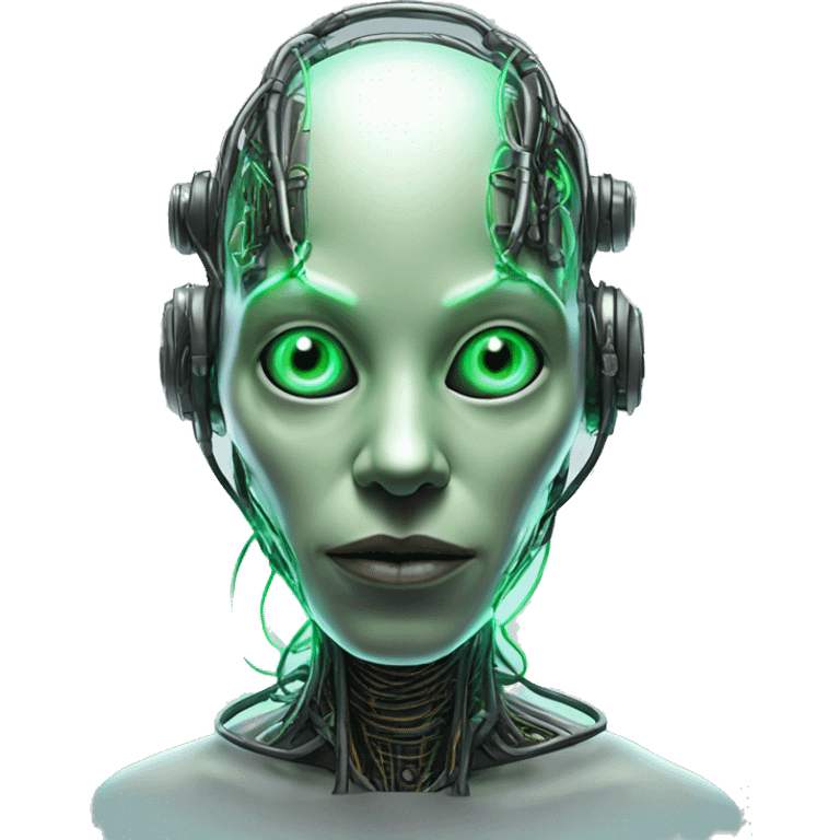 Round Alien cyborg head with glowing wires and green eyes  emoji