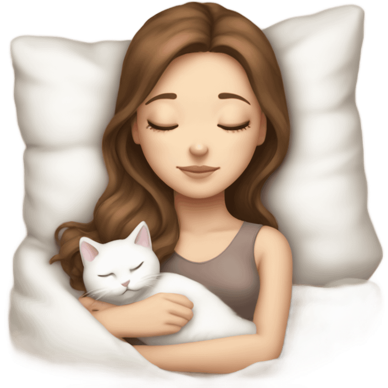 White girl brown hair sleeping with white kitty emoji