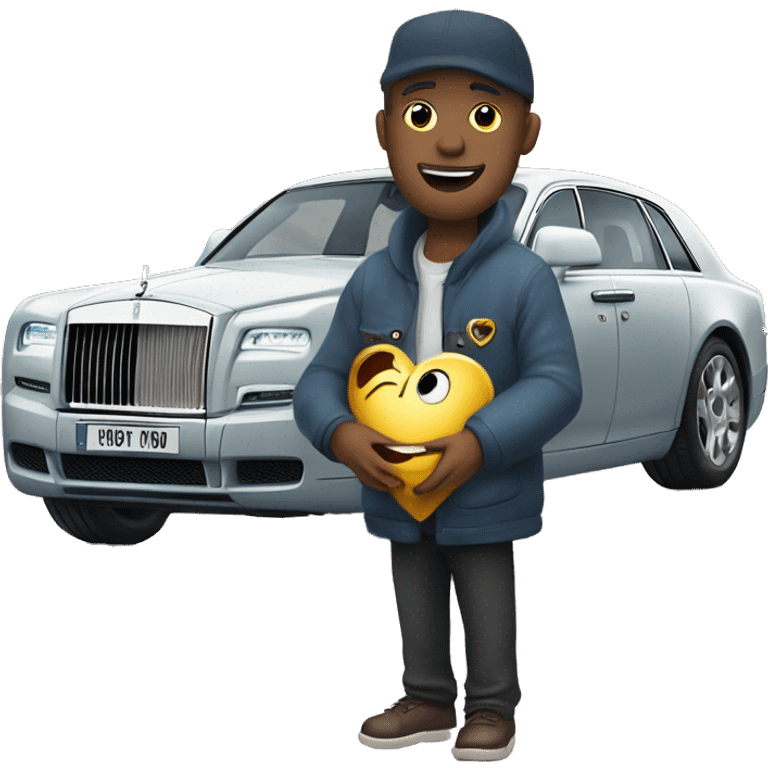 man hold frozen heart near rolls royce that has car number "miss you" emoji