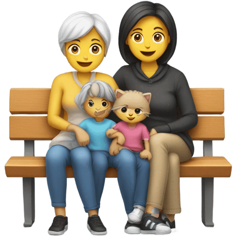 Family siting on bench with mom holding cat emoji