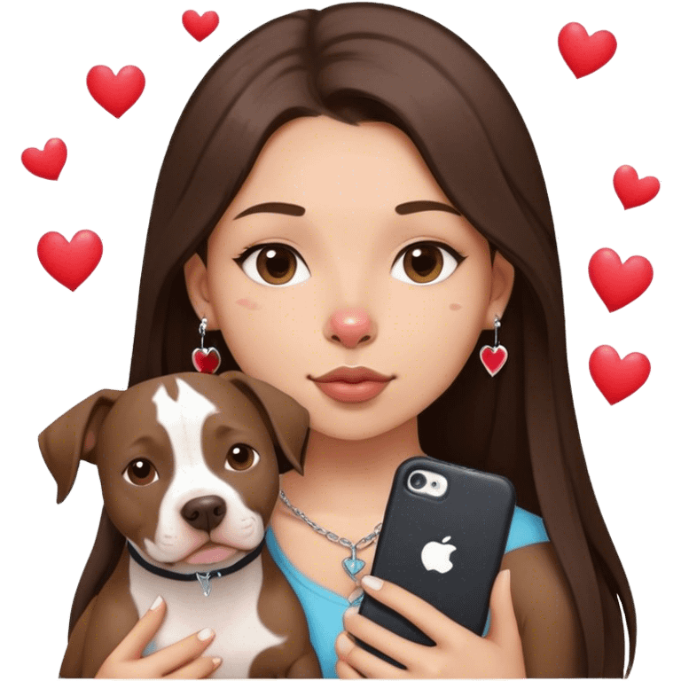 Young girl with long dark brown layered hair hair sits with her one dog who is a pretty girl pitbull with her cell phone in her hand in a small septum ring in her nose was hearts flying all around her emoji