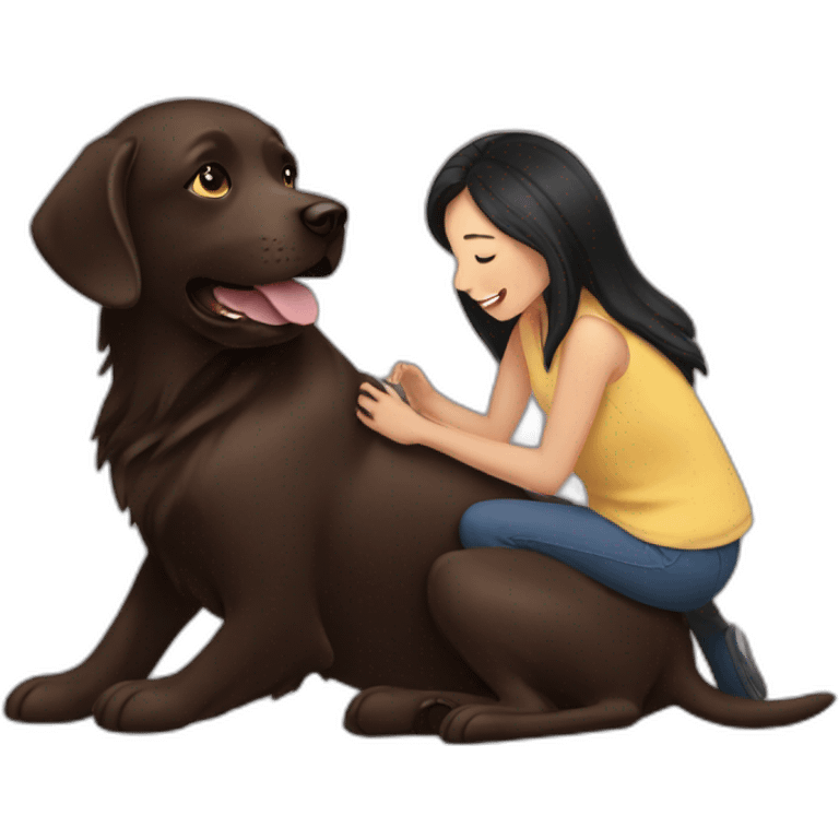 Chocolate labrador playing with woman long black hair emoji