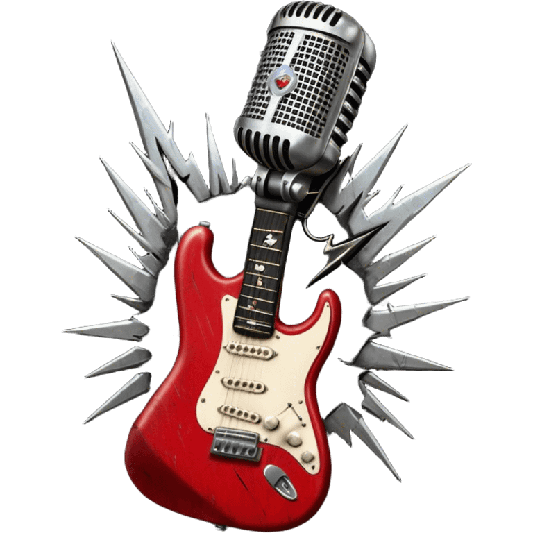 Create a powerful and dynamic humanless emoji representing rock vocals. The design should feature a classic vintage microphone with a rugged, distressed look, surrounded by elements like a guitar pick, electric guitar neck, and sound waves to reflect the raw energy of rock music. Add subtle details such as a spiked bracelet, leather textures, or bold lightning bolts to evoke the rebellious and intense spirit of rock. Use dark, edgy colors like black, red, silver, and metallic accents to emphasize the fierce, loud, and passionate nature of rock vocals. The background should be transparent. emoji