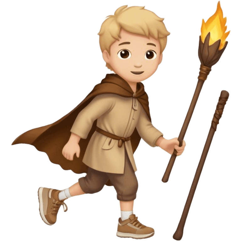 happy Boy walking with brown mantle and stick and sneakers emoji