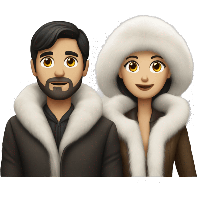 Dark haired White couple in long fur coats emoji