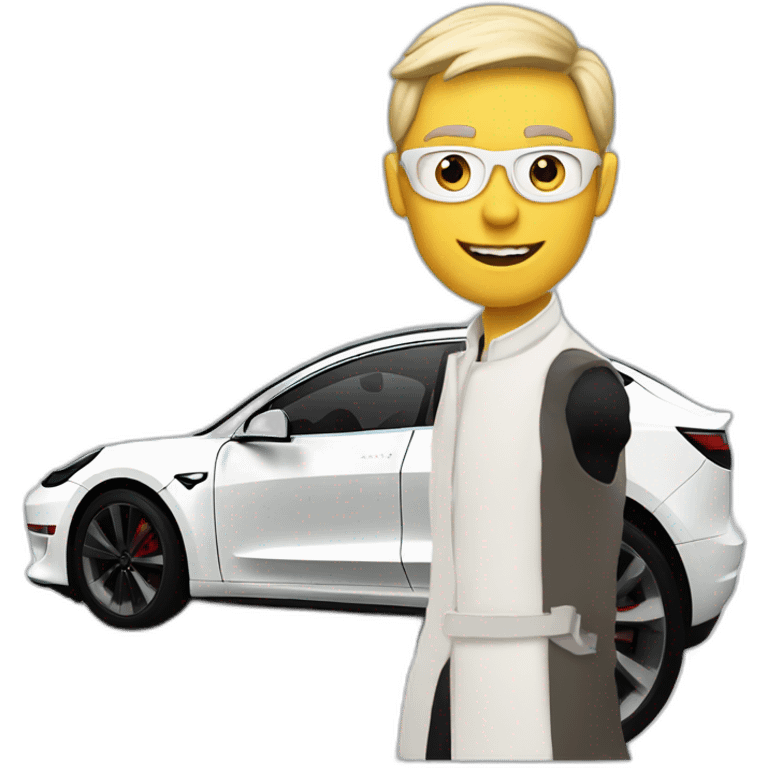 me with white Tesla Model 3 behind emoji