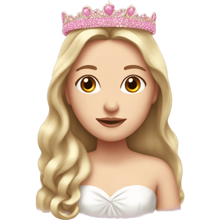 White girl with long hair as a bride wearing pink crown and pink bow on top of a head emoji