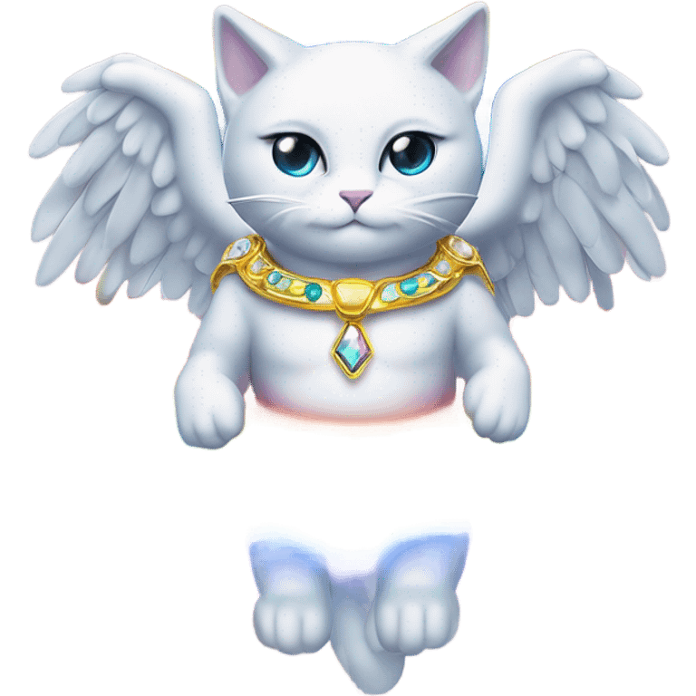 Transcendent Heavenly Rainbow 4d Diamond ultra mega surpream beyond Omni-Cat God with wings and a ring around its body and another ring above it’s head full body emoji