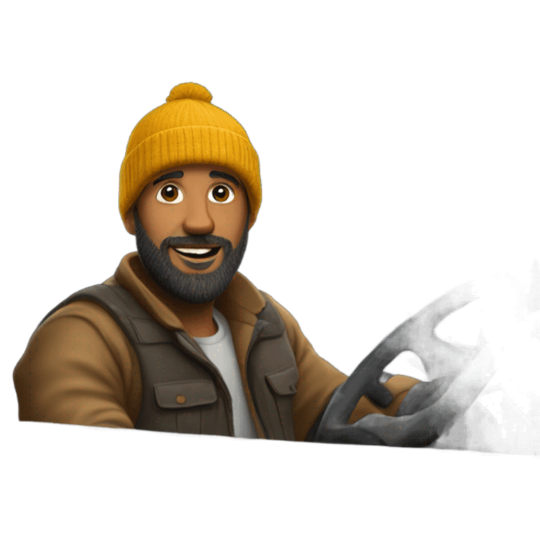 Guy wearing a beanie with a beard driving a truck emoji