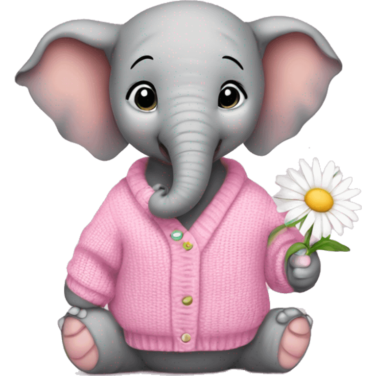 Baby elephant wearing pink sweater and holding daisy emoji