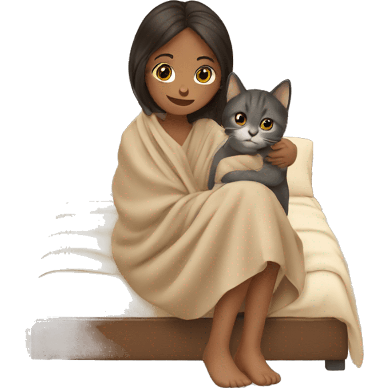 girl petting cat in beige blanket emoji