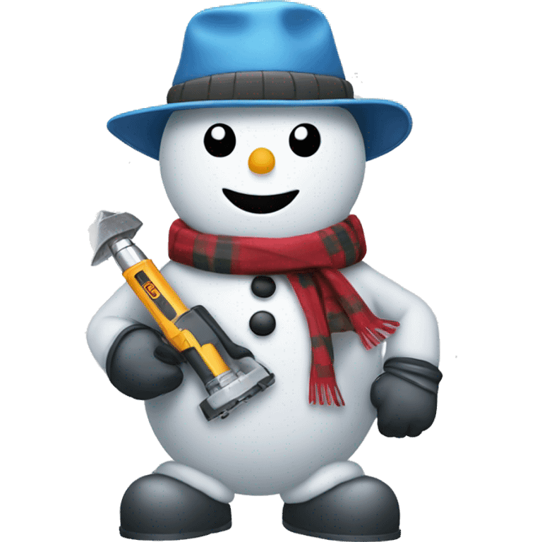 snowman with hat and scarf holding a powertool emoji