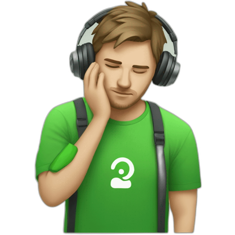 tired programmer wearing headphones in a T-shirt with a green Sberbank logo emoji