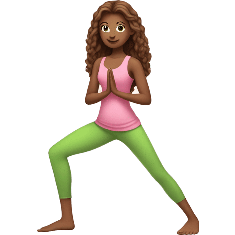 A girl with brown long hair, fair skin and green eyes stands tall in a yoga pose in a pink tank top and pink leggings emoji