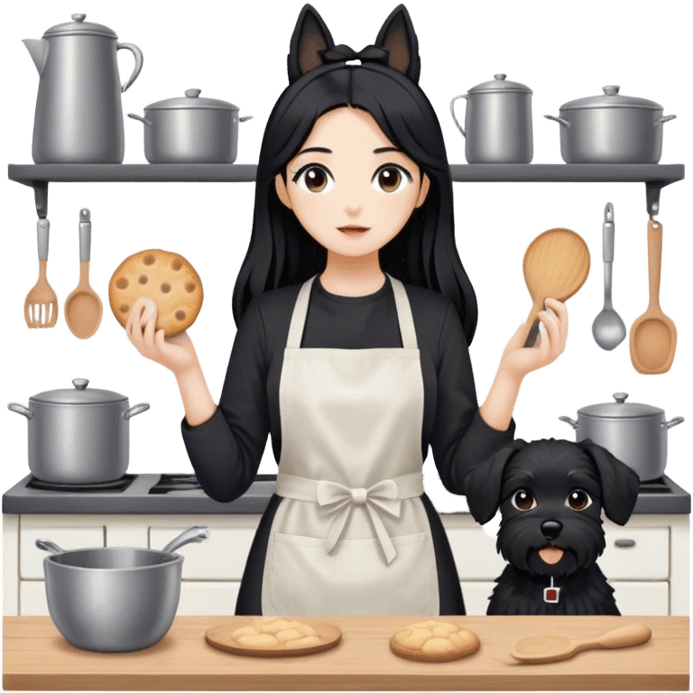 pale girl with long black hair wearing black long sleeve tshirt wearing apron and baking treats holding black floppy ear schnauzer no tail emoji