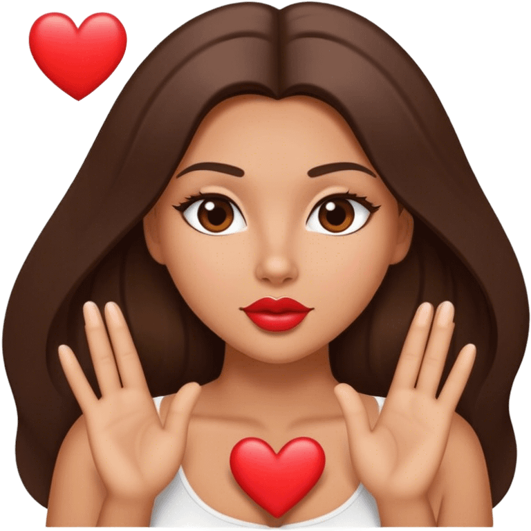 tanned beautiful girl kiss with pump lips and brunette straight long hair showing heart emoji