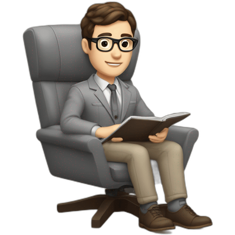 Pale skinned Fit Man With dark brown hair in gray jacket, beige office shirt and vintage glasses sitting In a soft chair with a notebook with emblem Ψ and a pen in his hands emoji