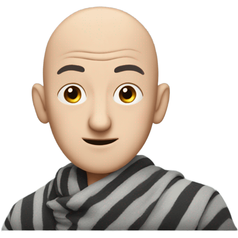 Gru from despicable me. mean looking bald man. pointy nose. stripy scarf in grey emoji