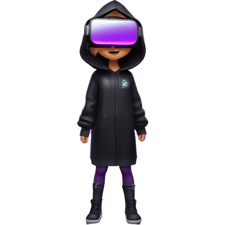 Russian girl wearing black hoody with violet letters "OMG", in vr headset oculus quest2. Standing like jedi. Cyberpunk style. Violet neon. emoji