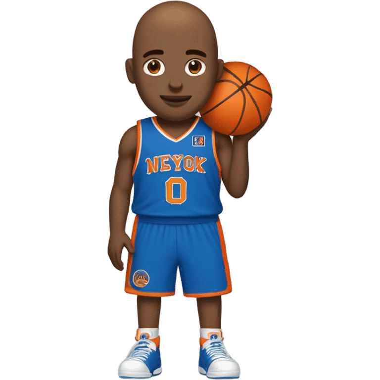 Basketball player with bald head and orange and blue NYK uniform # 30 emoji