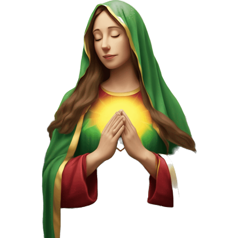 Virgin Mary: kind face looking down at the left, long brown hair, Wearing an emerald green  robe with gold stars and a burgundy red dress,  Hands in prayer or blessing. Halo around her head. standing in front of a big sun. colorful roses on the sides  emoji