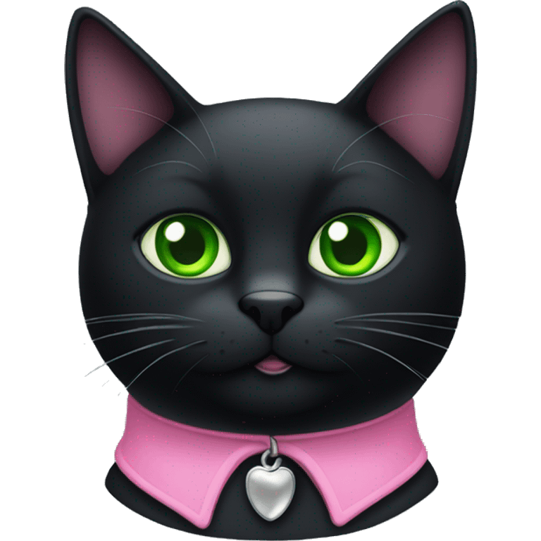 Black cat with pink collar and green eyes  emoji