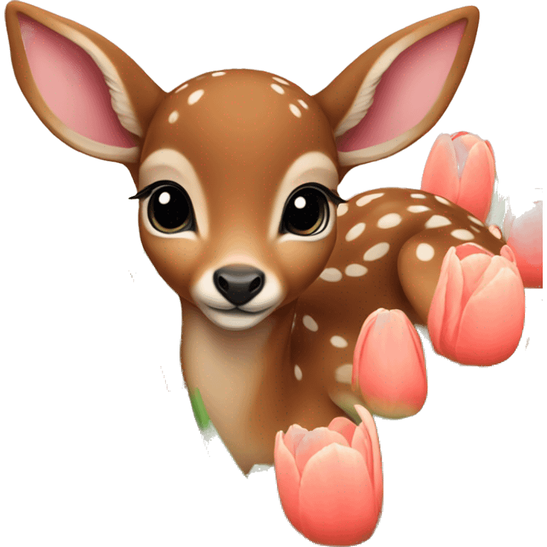 a baby deer laying in a field of tulips emoji