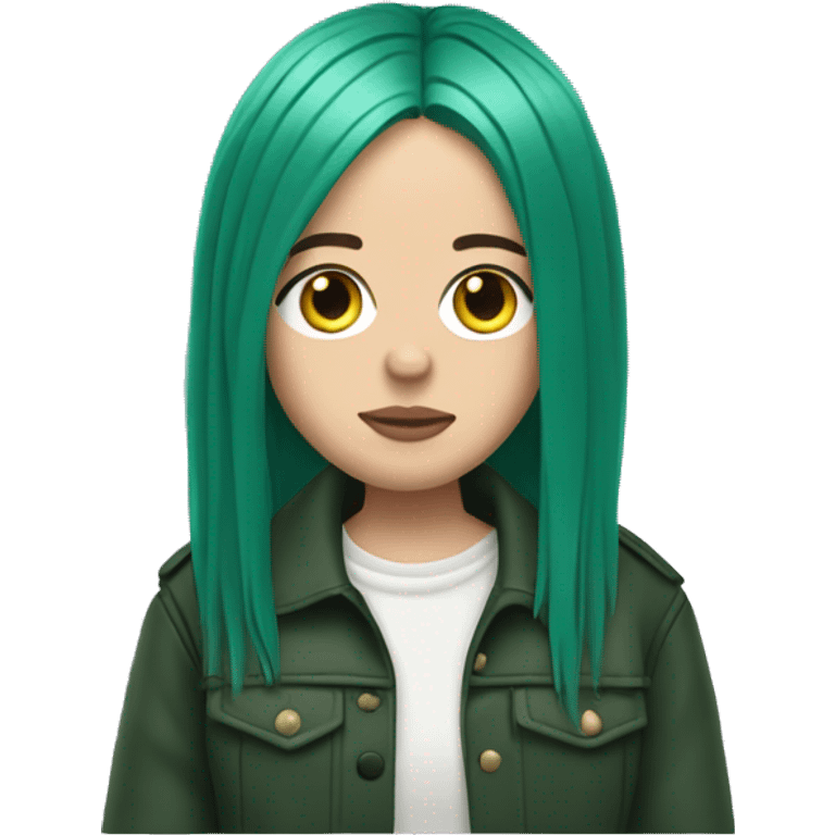 billie eilish emoji in dark green hair wearing a jacket emoji