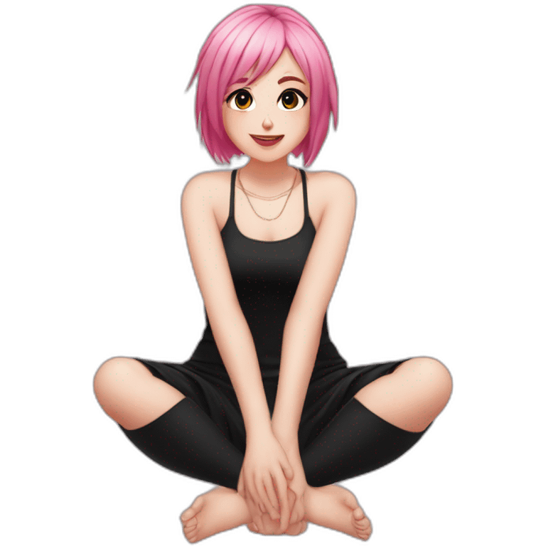 Full body Front view curvy emo girl pink hair sits on the floor straight view hands up black skirt полосатые рваные чулки emoji