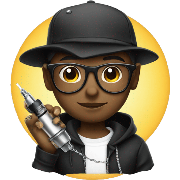 black cap, hoodie, and glasses boy  holding tattoo machine emoji