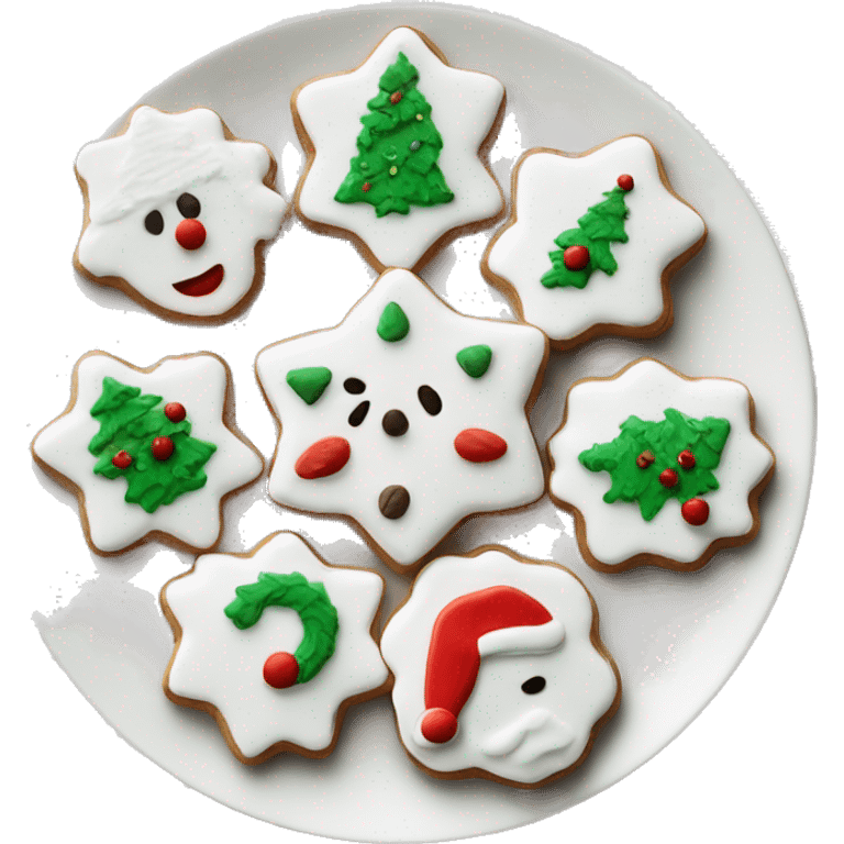 Christmas cookies with white frosting on a white china plate  emoji