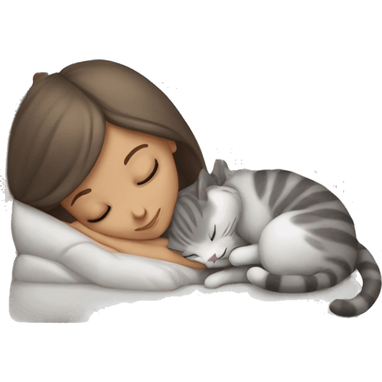 White girl brown hair sleeping with light grey kitty emoji