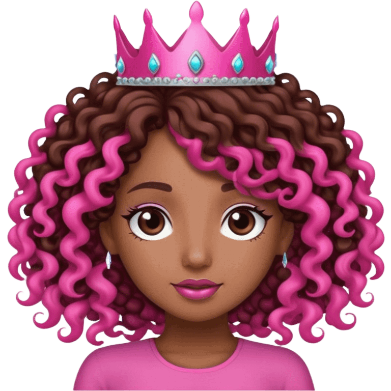 Brown girl diva long curly hair with pink crown emoji