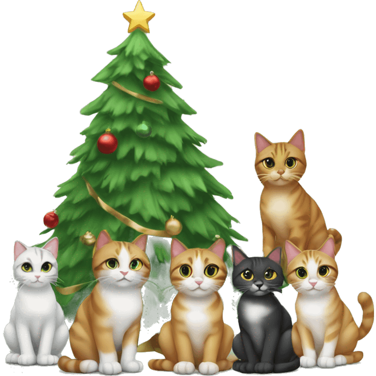 Four different cats sitting under a Christmas tree  emoji