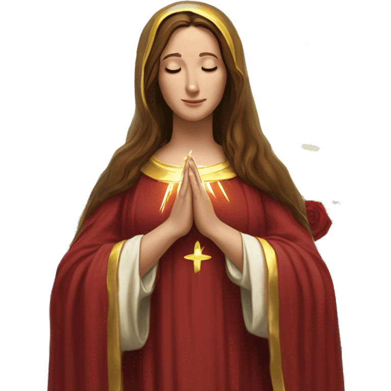 Virgin Mary: kind face looking down at the left, long brown hair, Wearing an emerald green  robe with gold stars and a burgundy red dress,  Hands in prayer or blessing. Halo around her head. standing in front of a big sun. colorful roses on the sides  emoji