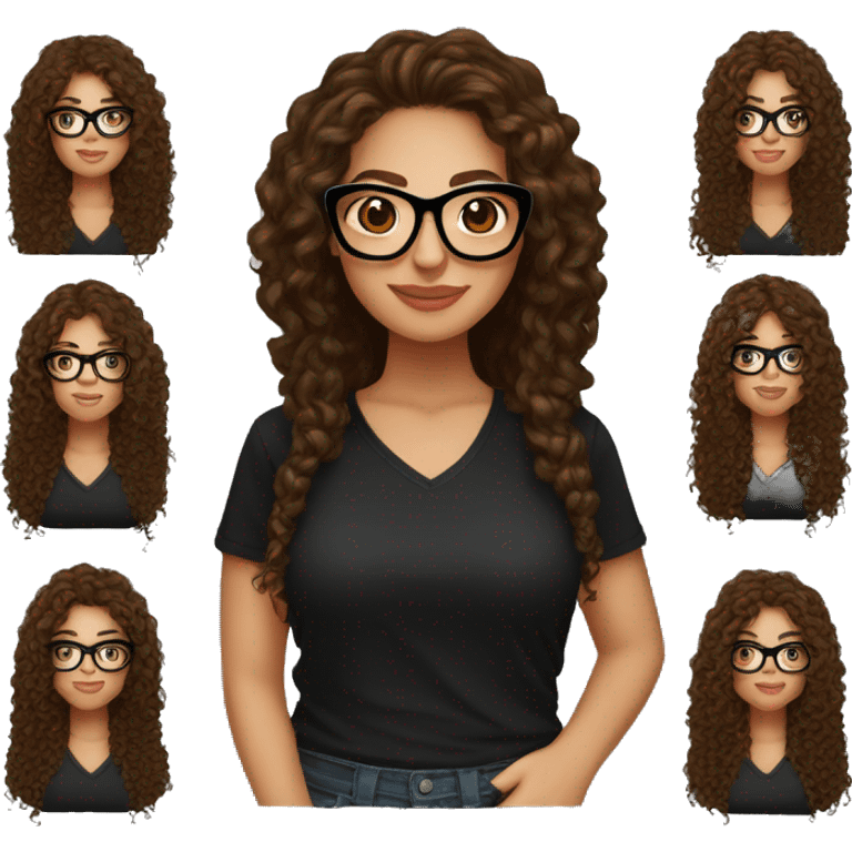 pretty Hispanic woman that has long brown curly hair holding one ball of yarn with both hands wearing a black shirt and black glasses emoji