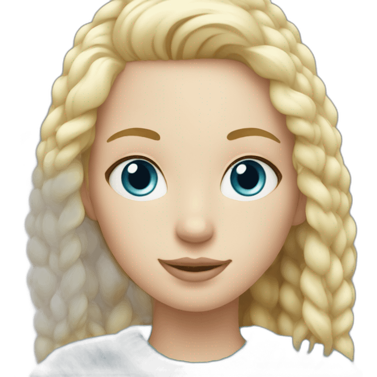 Blonde girl in blue sweater and with white cat emoji