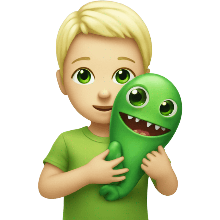 Little blonde baby holding the hand a big green one eyed monster emoji