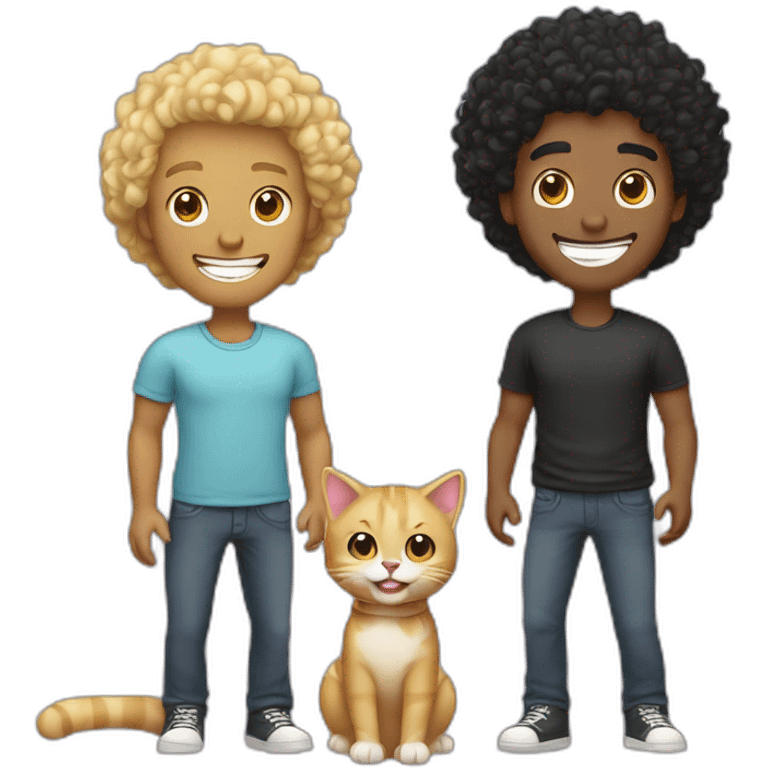 Gay couple, 1 guy Latino black straight hair and 1 Australian guy with blonde curly hair with a cat laughing full body emoji