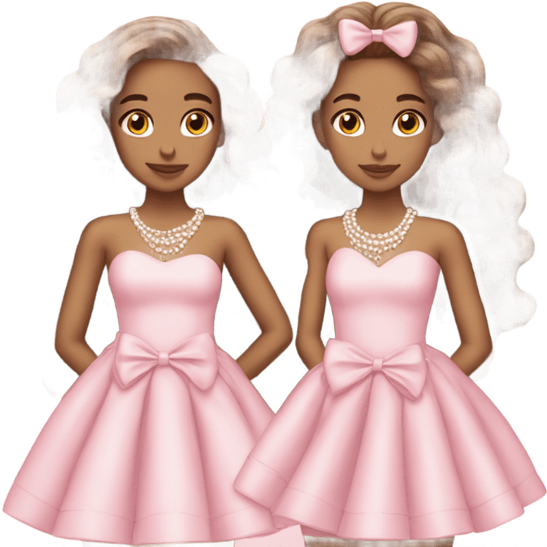 two teenage Latina twins. pink. Long hair. Pink bows. Pearls. Light pink. Diamonds dress. emoji