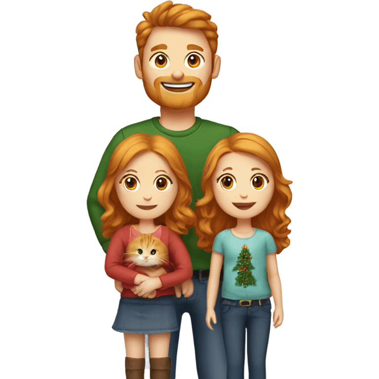 One ginger cat one Brown hair dad one brown hair mom and one blond little daughter wearing Christmas clothes emoji