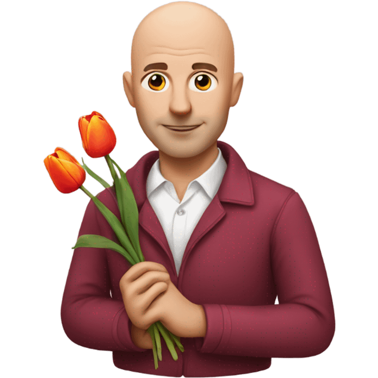 Bald man holding a tulip and fruit emoji