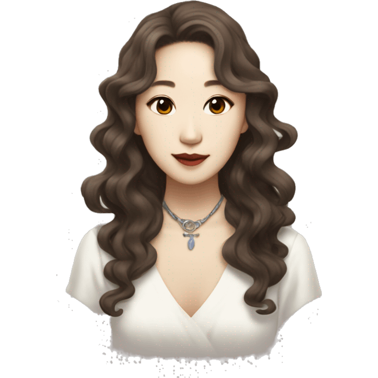 Laufey; Korean singer with wavy brown hair and coquette style emoji